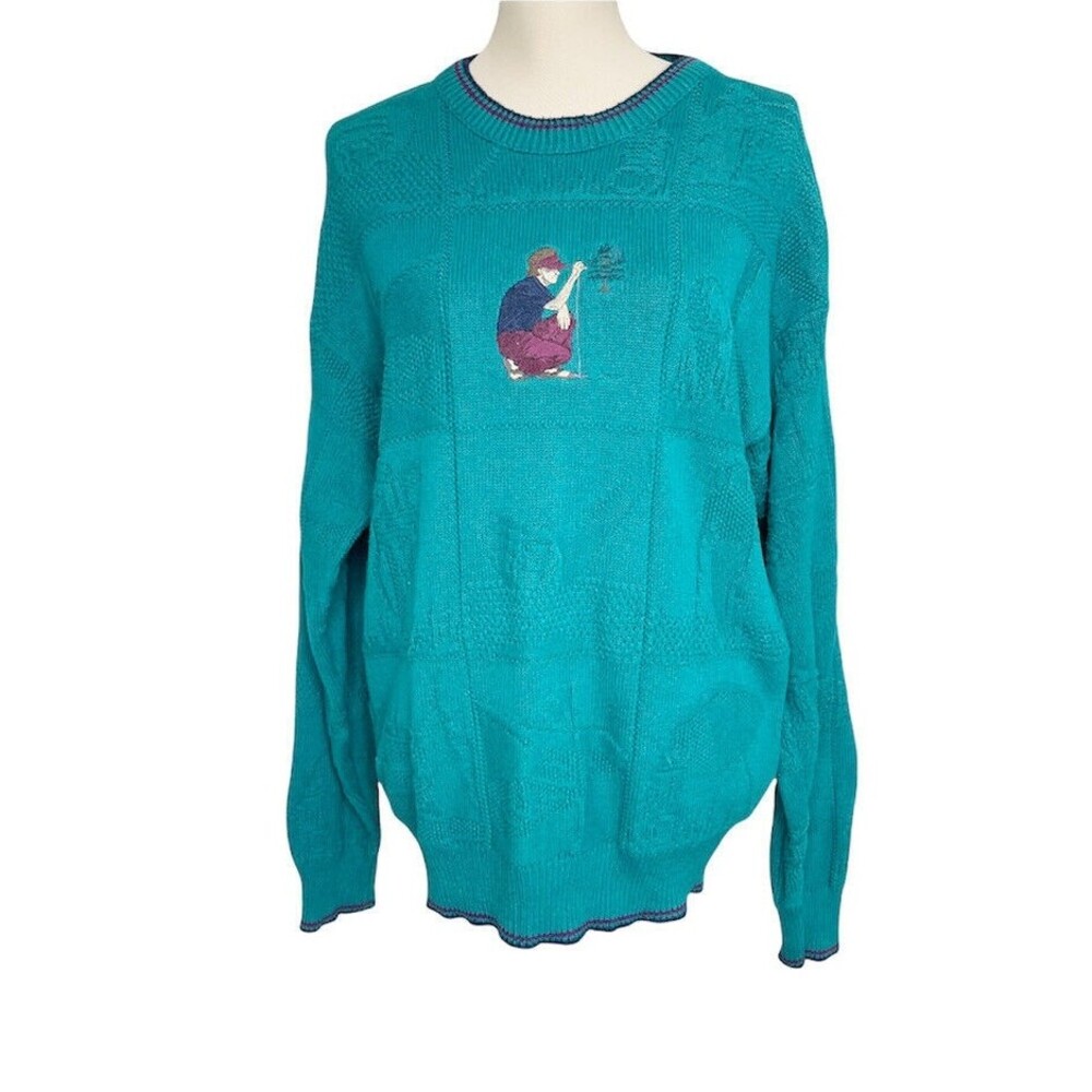 Vintage Green Knit Sweater Embroidered Cotton USA Size M Isle of Cotton